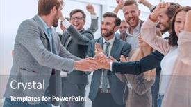  Presentation with team leader - Cool new PPT theme with young-business-team-welcoming backdrop and a ocean colored foreground