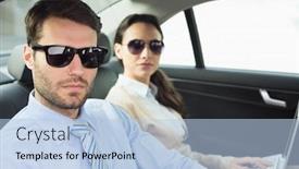  Presentation with team working together - PPT theme with young business team working together in the car background and a light blue colored foreground