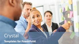  Presentation with sticky notes - Cool new PPT theme with young-business-woman-and-colleague backdrop and a teal colored foreground