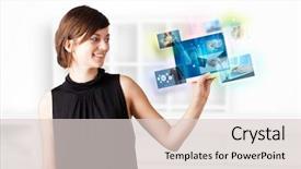  Presentation with tablet - Presentation theme featuring young business woman browsing pictures background and a  colored foreground