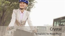  Presentation with bicycle - Slide set consisting of young business woman commuting background and a light gray colored foreground