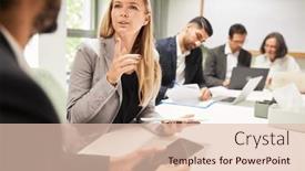  Presentation with consulting - PPT layouts enhanced with young-business-woman-discussing-project background and a lemonade colored foreground