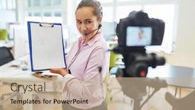  Presentation with video training - Presentation having young-business-woman-holding-clipboard background and a coral colored foreground