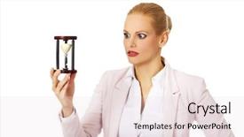 Presentation with young business woman smile show - PPT theme enhanced with young business woman holding hourglass background and a lemonade colored foreground