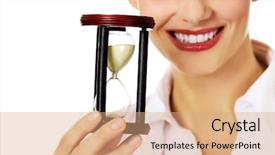  Presentation with young business woman smile show - Presentation design with young business woman holding hourglass background and a coral colored foreground