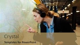  Presentation with headphones - PPT layouts consisting of young-business-woman-in-headphones background and a coral colored foreground