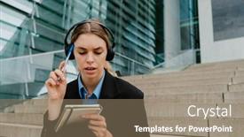  Presentation with taking notes - Theme consisting of young-business-woman-in-headphones background and a coral colored foreground