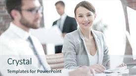  Presentation with office - PPT theme enhanced with young business woman in office background and a  colored foreground