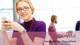  Presentation with office - Cool new PPT theme with young-business-woman-in-office backdrop and a coral colored foreground