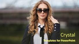  Presentation with blue business - Beautiful PPT theme featuring young-business-woman-in-sunglasses backdrop and a tawny brown colored foreground
