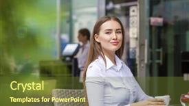  Presentation with red white blue business - Colorful presentation theme enhanced with young business woman in white backdrop and a tawny brown colored foreground