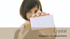  Presentation with displaying - Amazing theme having young business woman isolated on white showing and displaying empty business card ready for text backdrop and a coral colored foreground