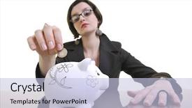  Presentation with woman piggy bank isolated - Colorful PPT layouts enhanced with young business woman isolated on white putting coins money in piggy bank and representing concept of saving and smart spending money backdrop and a light blue colored foreground