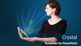  Presentation with business abstract - Colorful PPT theme enhanced with young business woman looking at modern tablet with abstract lights backdrop and a ocean colored foreground