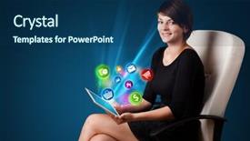  Presentation with business abstract - Amazing presentation design having young business woman looking at modern tablet with abstract lights and various icons backdrop and a ocean colored foreground