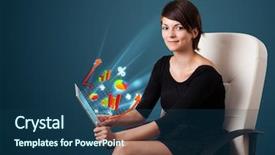  Presentation with business abstract - Presentation design consisting of young business woman looking at modern tablet with abstract lights and various diagrams background and a ocean colored foreground