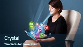  Presentation with abstract business - Cool new presentation theme with young business woman looking at modern tablet with abstract lights and various icons backdrop and a navy blue colored foreground