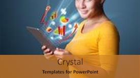  Presentation with abstract business - Slide set having young business woman looking at modern tablet with abstract lights and various diagrams background and a gold colored foreground