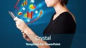  Presentation with business abstract - Presentation design consisting of young business woman looking at modern tablet with abstract lights and various diagrams background and a ocean colored foreground