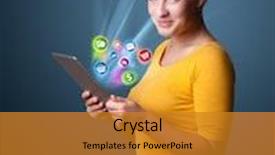  Presentation with business abstract - Amazing presentation having young business woman looking at modern tablet with abstract lights and various icons backdrop and a gold colored foreground