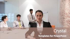  Presentation with board meeting - Slides with young business woman on meeting usineg laptop computer blured group of people in background at modern bright startup office interior taking notes on white flip board and brainstorming about plans background and a coral colored foreground