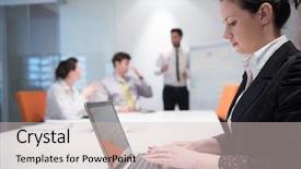  Presentation with board meeting - PPT theme having young business woman on meeting usineg laptop computer blured group of people in background at modern bright startup office interior taking notes on white flip board and brainstorming about plans background and a soft green colored foreground