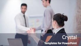  Presentation with board meeting - PPT theme with young business woman on meeting usineg laptop computer blured group of people in background at modern bright startup office interior taking notes on white flip board and brainstorming about plans background and a ocean colored foreground