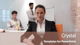  Presentation with board meeting - Slides enhanced with young business woman on meeting usineg laptop computer blured group of people in background at modern bright startup office interior taking notes on white flip board and brainstorming about plans background and a coral colored foreground