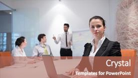  Presentation with board meeting - PPT layouts featuring young business woman on meeting usineg laptop computer blured group of people in background at modern bright startup office interior taking notes on white flip board and brainstorming about plans background and a coral colored foreground