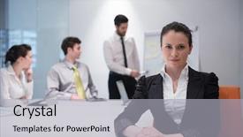  Presentation with board meeting - Colorful PPT theme enhanced with young business woman on meeting usineg laptop computer blured group of people in background at modern bright startup office interior taking notes on white flip board and brainstorming about plans backdrop and a light gray colored foreground