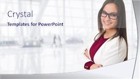  Presentation with office - Slide set featuring young-business-woman-portrait background and a sky blue colored foreground