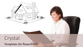  Presentation with whiteboard - Slides consisting of young business woman presenting a house on whiteboard isolated on white background and a soft green colored foreground