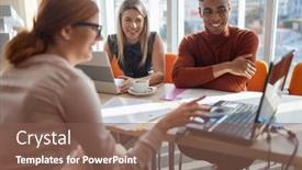  Presentation with young business people - Cool new PPT layouts with young-business-woman-presenting backdrop and a violet colored foreground