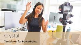  Presentation with recording - PPT theme featuring young-business-woman-recording-video background and a lemonade colored foreground