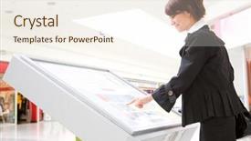  Presentation with young business woman smile show - PPT theme with young business woman select goods on interactive display background and a cream colored foreground