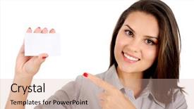  Presentation with business card - Colorful PPT theme enhanced with first lady - isolated young business woman showing backdrop and a soft green colored foreground