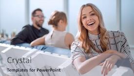  Presentation with lobby - Colorful PPT theme enhanced with young-business-woman-sitting backdrop and a light gray colored foreground