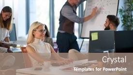  Presentation with business plan - PPT theme with young-business-woman-smiling background and a coral colored foreground