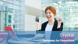  Presentation with emotions - Presentation consisting of young business woman success emotions background and a teal colored foreground