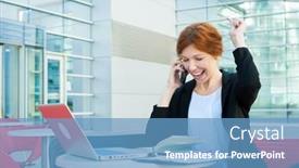  Presentation with emotions - Presentation design enhanced with young business woman success emotions background and a teal colored foreground