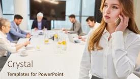  Presentation with conference table - Presentation theme featuring young-business-woman-talking background and a sky blue colored foreground