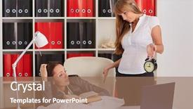  Presentation with overworked - Presentation theme enhanced with young business woman tries to wake the sleeping coworker on a workplace in the office overworked background and a coral colored foreground