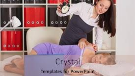  Presentation with overworked - Amazing PPT theme having young business woman tries to wake the sleeping coworker on a workplace in the office overworked backdrop and a coral colored foreground