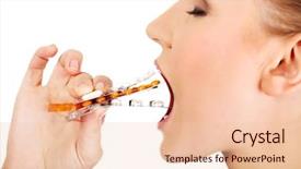  Presentation with eat - Amazing presentation theme having young business woman trying to eat blister of pills backdrop and a lemonade colored foreground