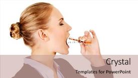  Presentation with eat - Colorful slide deck enhanced with young business woman trying to eat blister of pills backdrop and a coral colored foreground