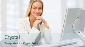  Presentation with computer - Presentation design featuring young business woman using computer background and a  colored foreground