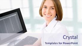  Presentation with young business woman smile show - Presentation theme with young business woman using computer background and a sky blue colored foreground