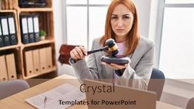  Presentation with gavel - Presentation with young-business-woman-using-gavel background and a coral colored foreground