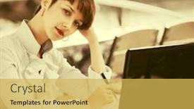  Presentation with laptop - Beautiful slide set featuring young business woman using laptop at sidewalk cafe stylish fashion female model in white shirt with pixie hairstyle backdrop and a yellow colored foreground