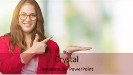  Presentation with finger - Amazing presentation having young business woman wearing elegant backdrop and a  colored foreground